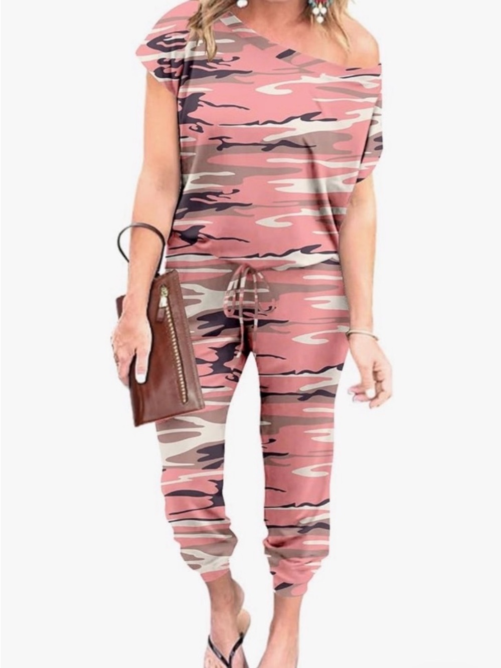 Women's One-Shoulder Pink Camo Jogger Jumpsuit - LG